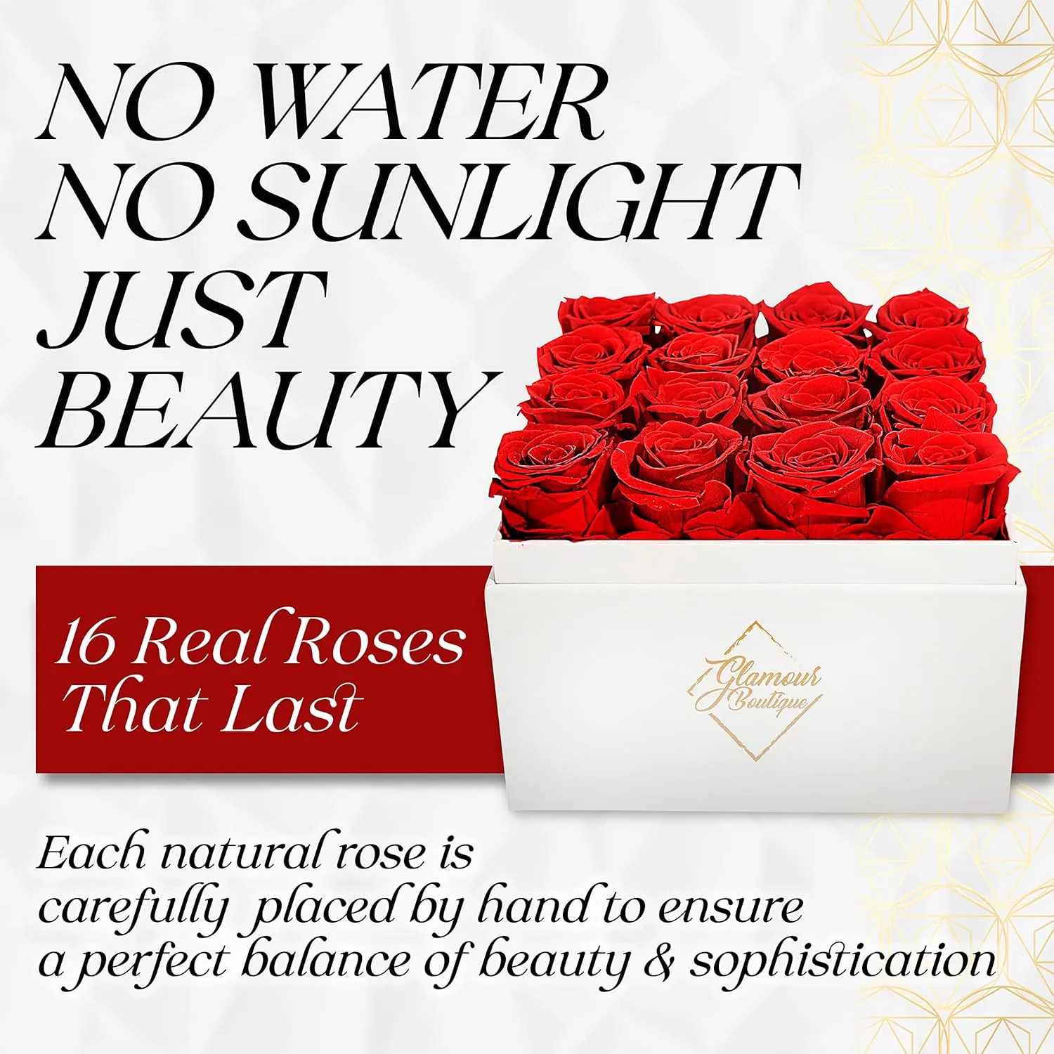 Preserved Roses in a Box - Gifts for Her, Wife & Mom, Rose Flowers Forever Decor for Birthday Gift, Get Well Flower Bouquet Cased in White Box with Cover - Red - 16-Piece