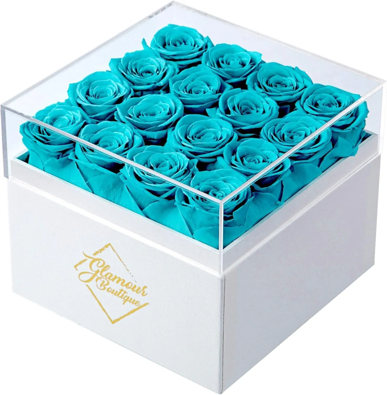 Preserved Roses in a Box - Gifts for Her, Wife & Mom, Rose Flowers Forever Decor for Birthday Gift, Get Well Flower Bouquet Cased in White Box with Cover - Tiffany - 16-Piece