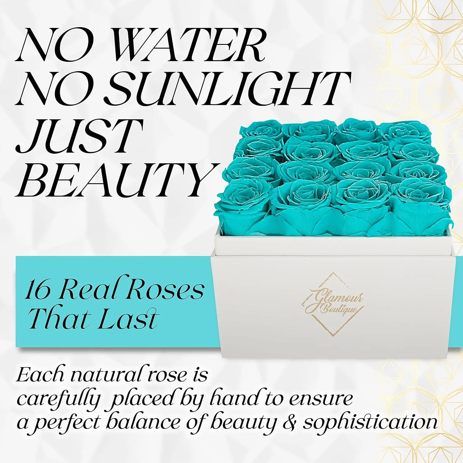 Preserved Roses in a Box - Gifts for Her, Wife & Mom, Rose Flowers Forever Decor for Birthday Gift, Get Well Flower Bouquet Cased in White Box with Cover - Tiffany - 16-Piece