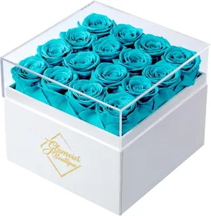 Preserved Roses in a Box - Gifts for Her, Wife & Mom, Rose Flowers Forever Decor for Birthday Gift, Get Well Flower Bouquet Cased in White Box with Cover - Tiffany - 16-Piece