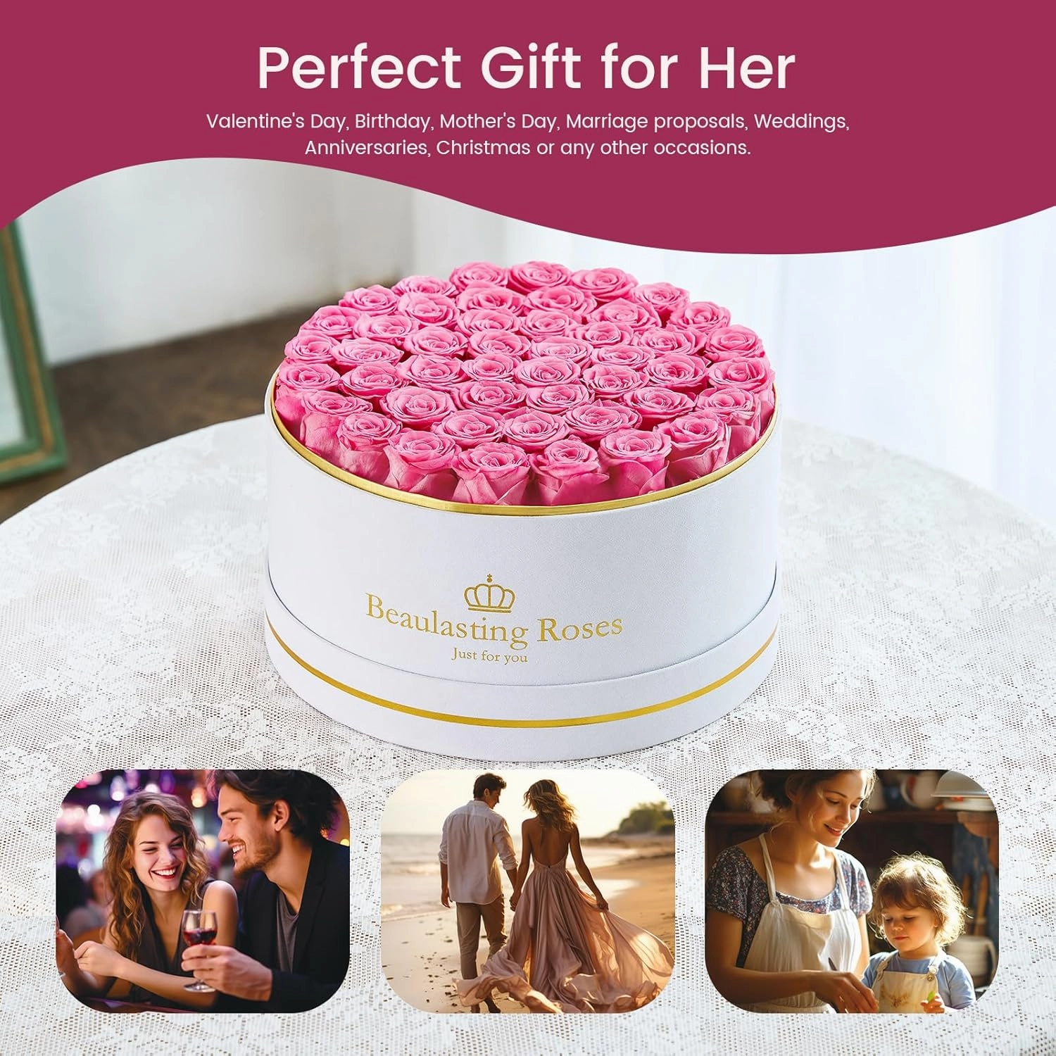 Preserved Roses 47 Piece Forever Flowers Roses in a Box Mother's Day Birthday Flowers for Her Mom Women Wife Valentine's Day (Pink)