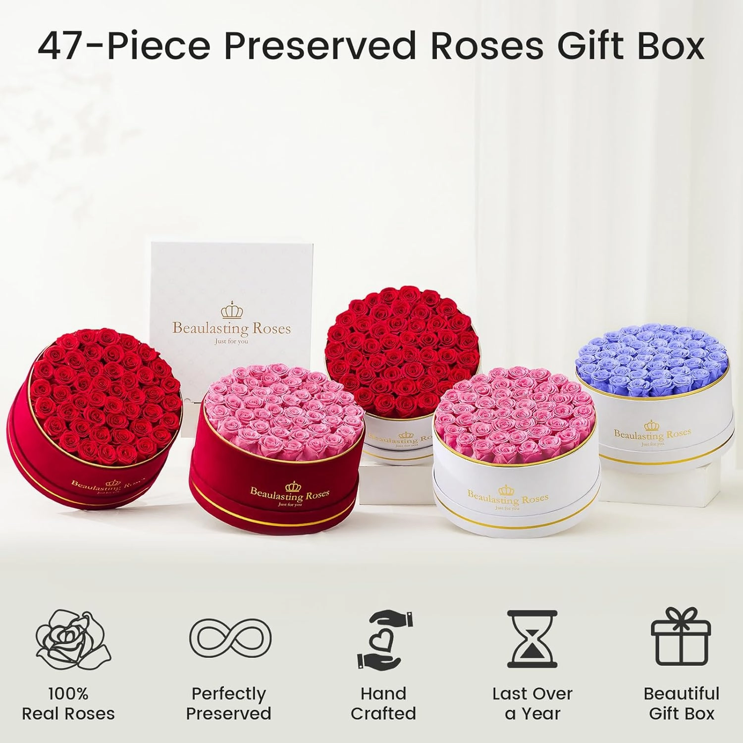 Preserved Roses 47 Piece Forever Flowers Roses in a Box Mother's Day Birthday Flowers for Her Mom Women Wife Valentine's Day (Pink)
