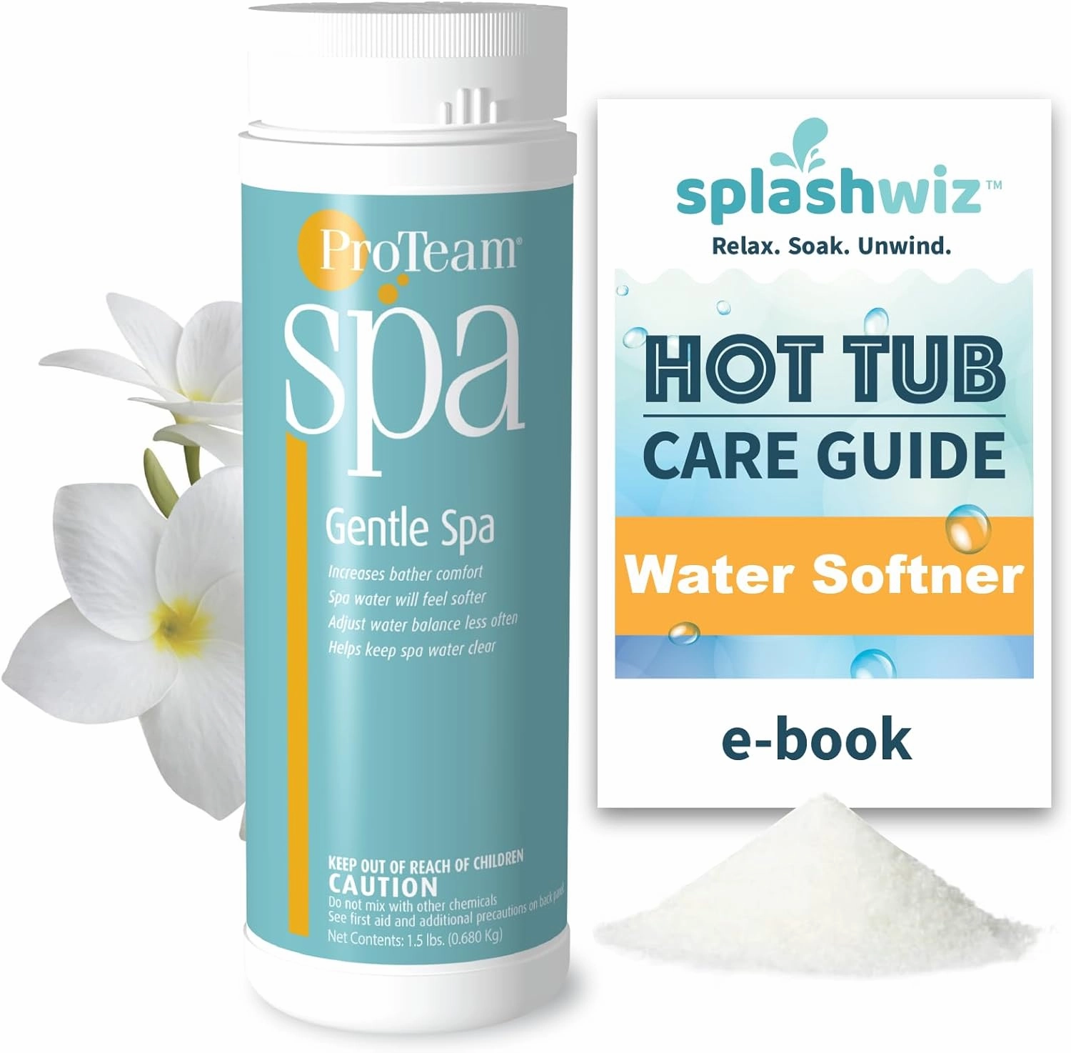 Proteam Spa Gentle Spa Hot Tub Water Softener with SplashWiz Hot Tub Chemicals Care Guide e-Book Made in USA (1.5 lb)