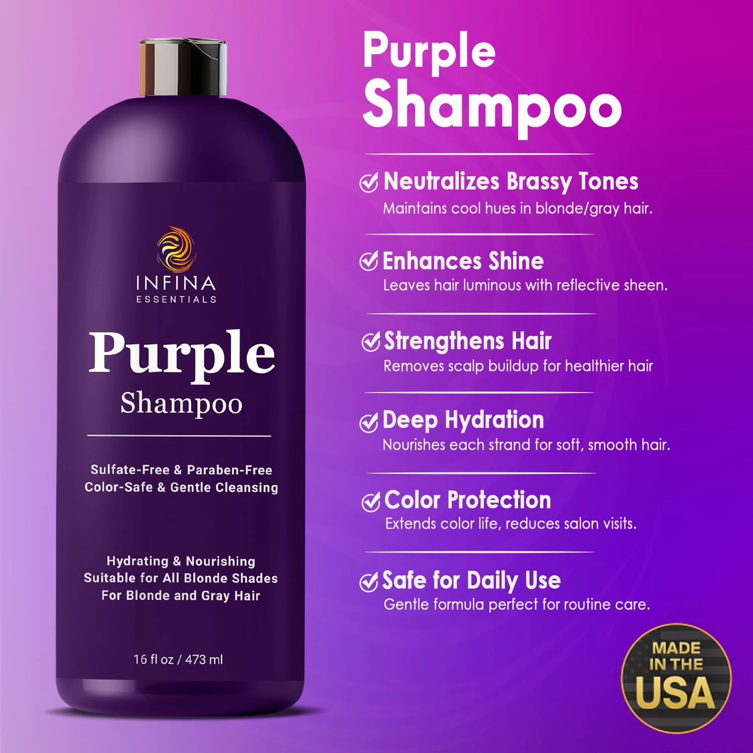Purple Shampoo for Blondes, Gray, Brassy & Color Treated Hair, Sulfate Free, Enriched with Green Tea & Chamomile & Avocado Oil - Nourishing & Hydrating Blonde Shampoo - 16 fl oz