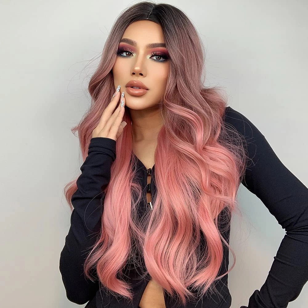 Qihang Pink Wigs: Long Wavy Curly, No Lace, Ombre Black to Pink, Synthetic Wigs With Middle Part (24inch)