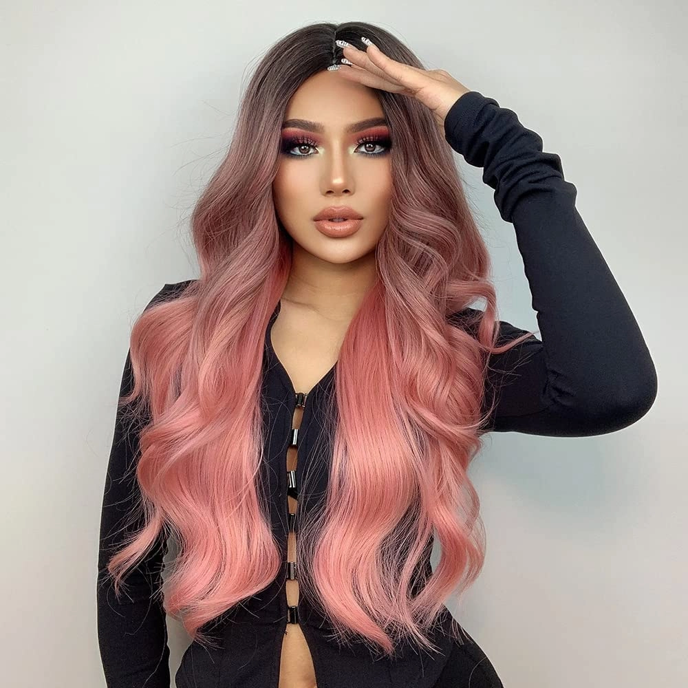 Qihang Pink Wigs: Long Wavy Curly, No Lace, Ombre Black to Pink, Synthetic Wigs With Middle Part (24inch)