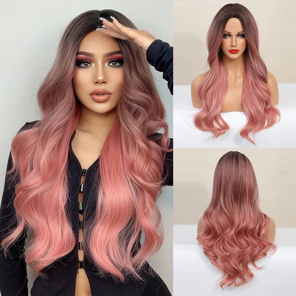 Qihang Pink Wigs: Long Wavy Curly, No Lace, Ombre Black to Pink, Synthetic Wigs With Middle Part (24inch)