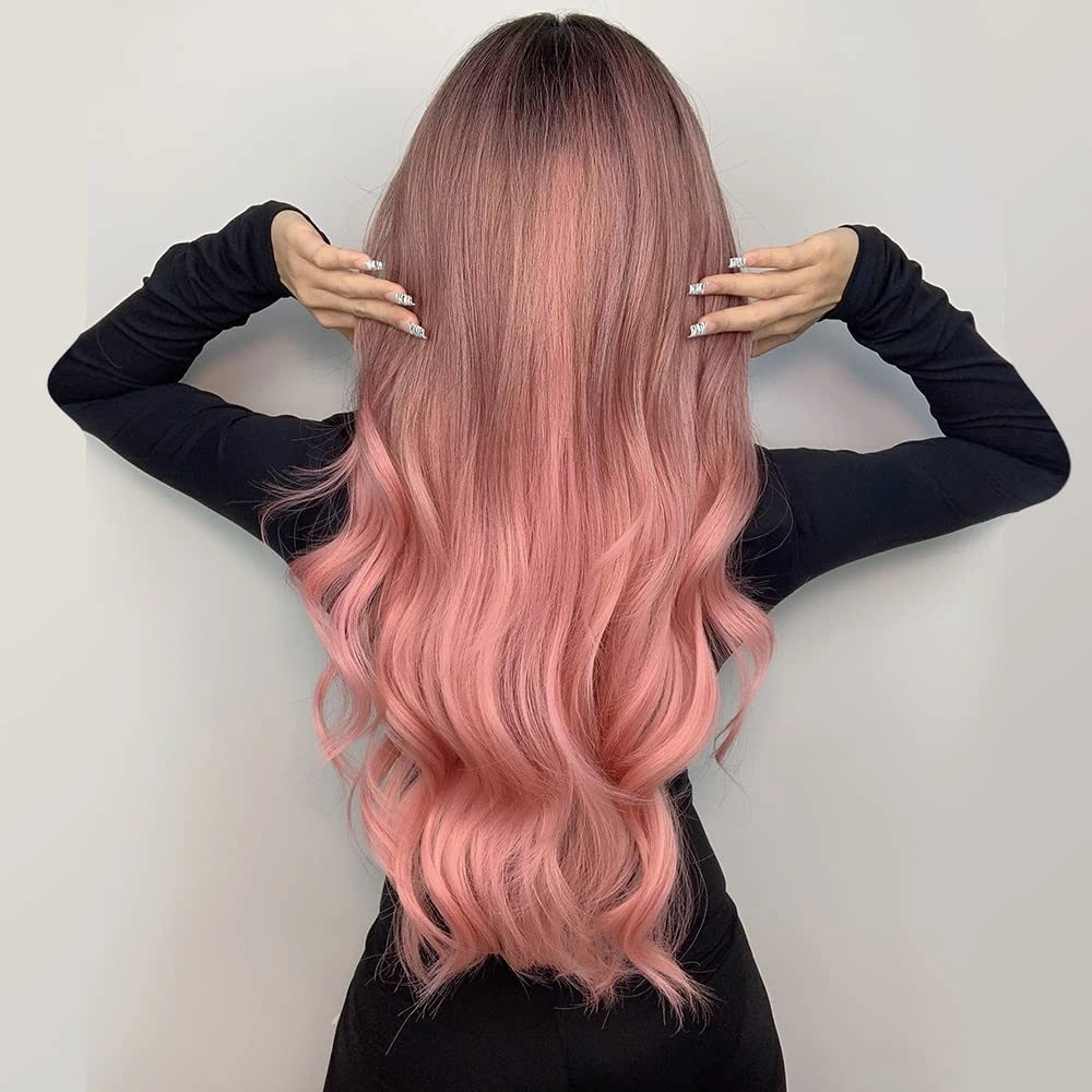 Qihang Pink Wigs: Long Wavy Curly, No Lace, Ombre Black to Pink, Synthetic Wigs With Middle Part (24inch)