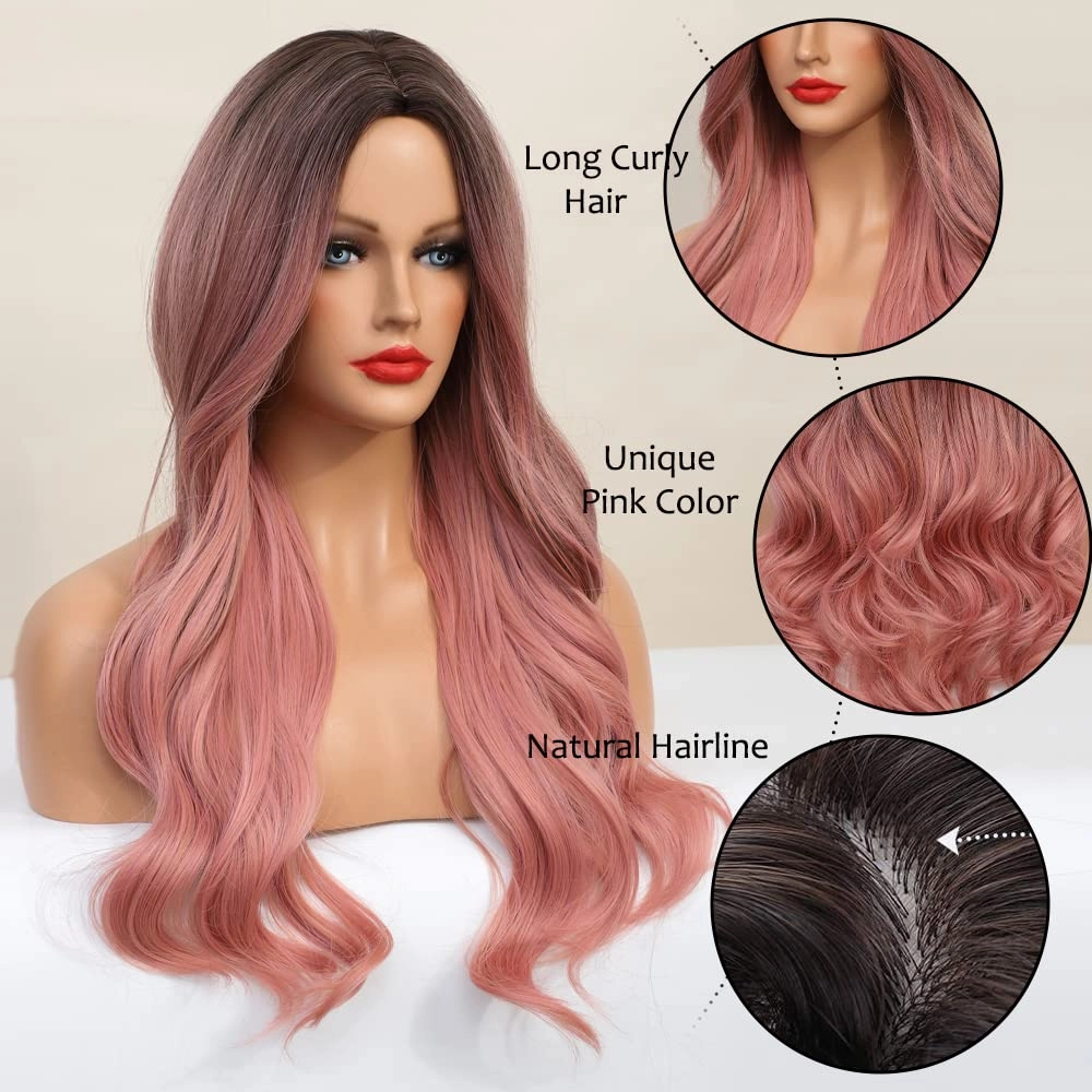 Qihang Pink Wigs: Long Wavy Curly, No Lace, Ombre Black to Pink, Synthetic Wigs With Middle Part (24inch)
