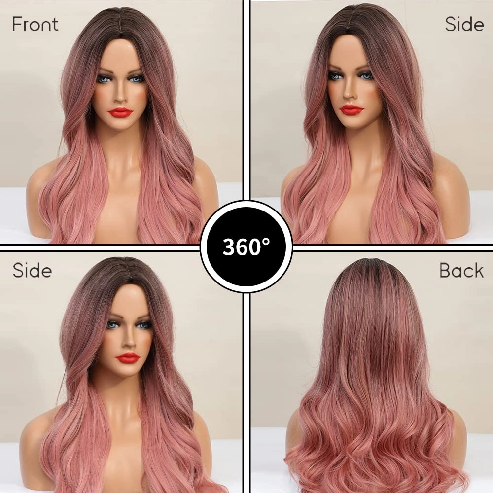 Qihang Pink Wigs: Long Wavy Curly, No Lace, Ombre Black to Pink, Synthetic Wigs With Middle Part (24inch)
