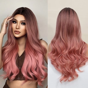 Qihang Pink Wigs: Long Wavy Curly, No Lace, Ombre Black to Pink, Synthetic Wigs With Middle Part (24inch)