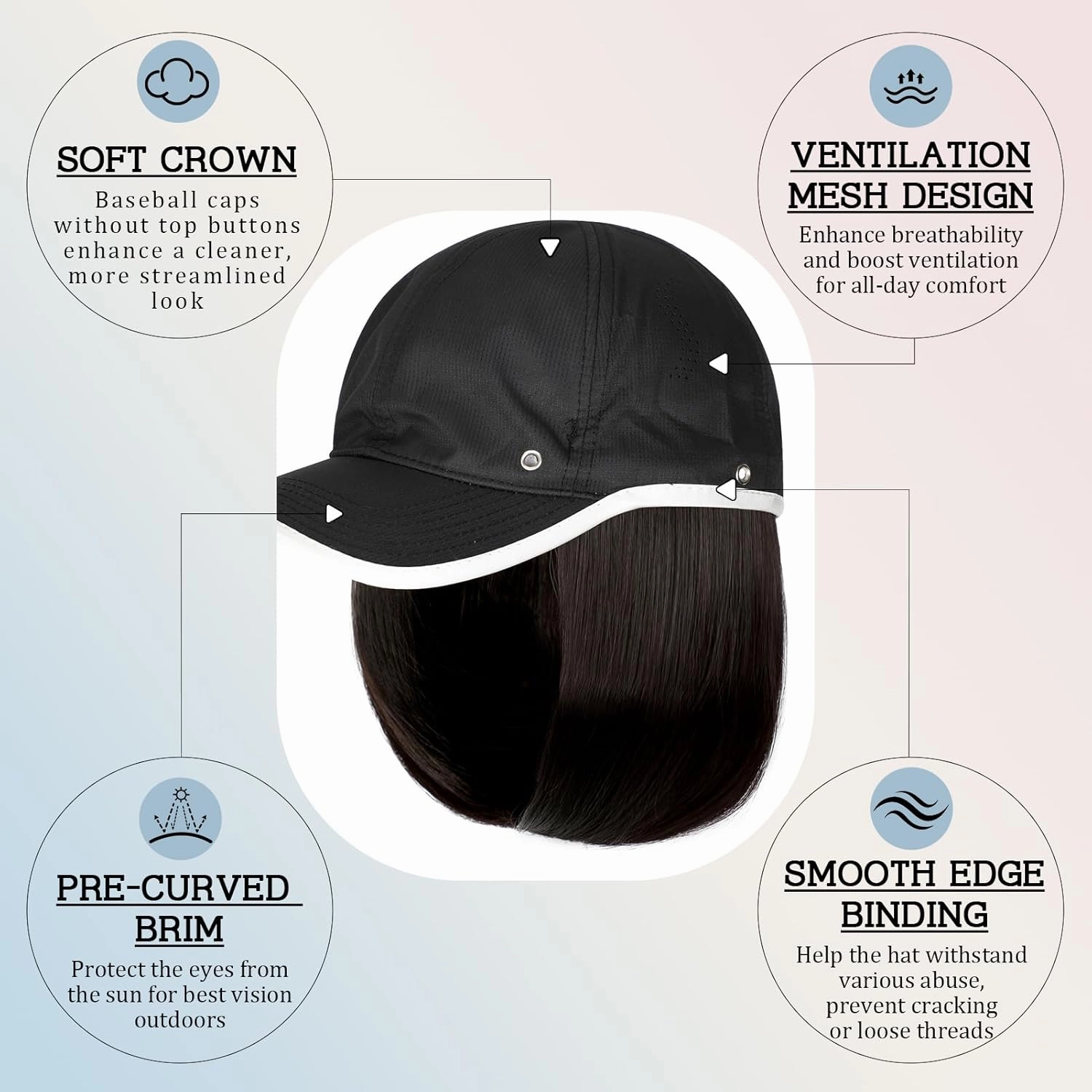 Qlenkay Waterproof Baseball Cap Attached with Straight Bob Hair Soft Crown Adjustable Quick Dry Hat Wig 14in Short Synthetic Hairpiece for Women Dark Brown