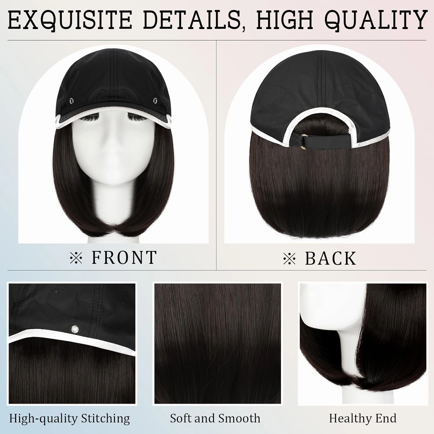 Qlenkay Waterproof Baseball Cap Attached with Straight Bob Hair Soft Crown Adjustable Quick Dry Hat Wig 14in Short Synthetic Hairpiece for Women Dark Brown