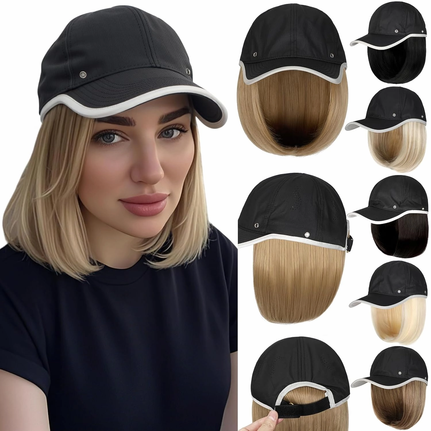 Qlenkay Waterproof Baseball Cap Attached with Straight Bob Hair Soft Crown Adjustable Quick Dry Hat Wig 14in Short Synthetic Hairpiece for Women Dark Brown