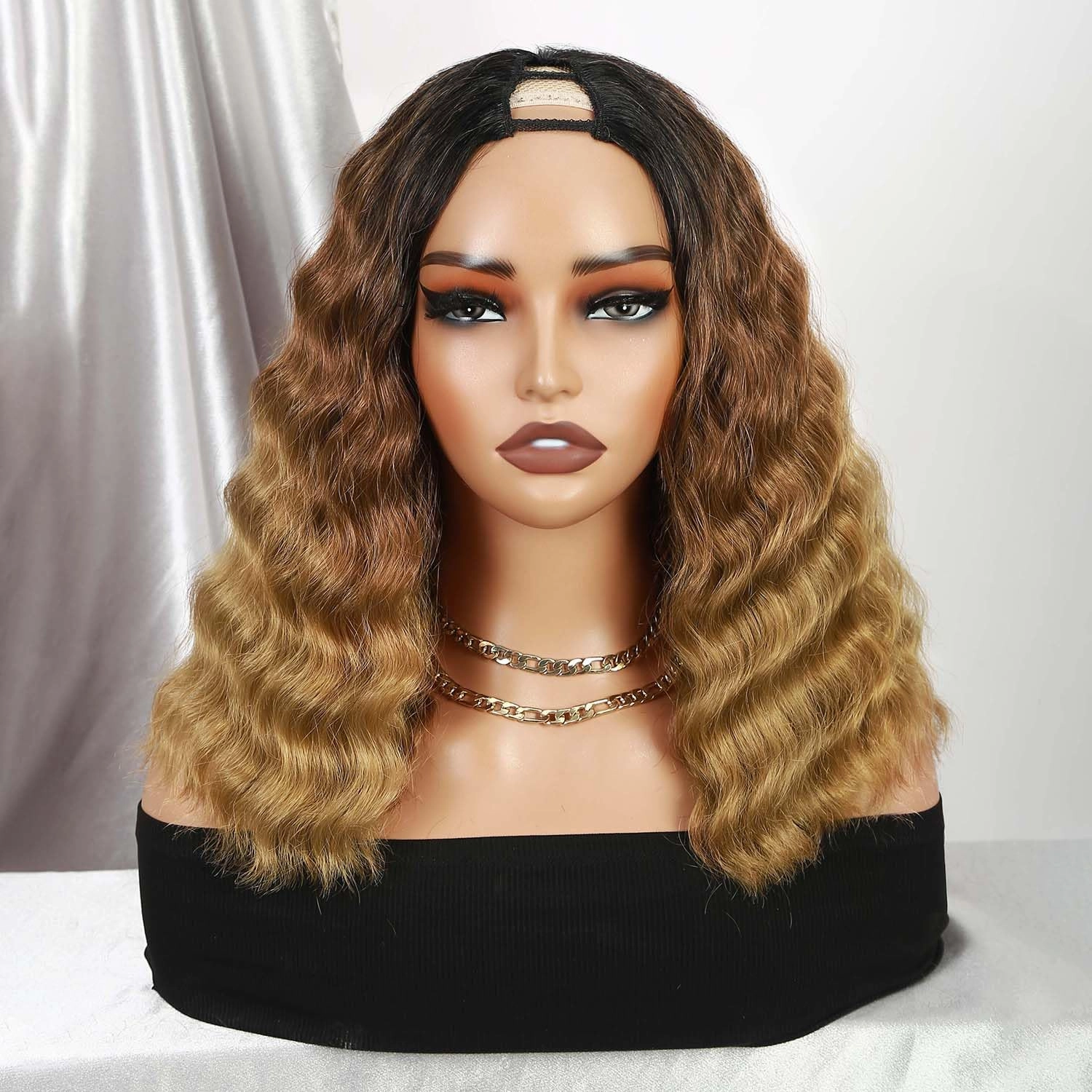 Quantum Love V part Curly Wavy Wigs Short Bob Loose Curly Wig Wear And Go Synthetic Glueless Ombre Brown Blonde Wig 14 Inches