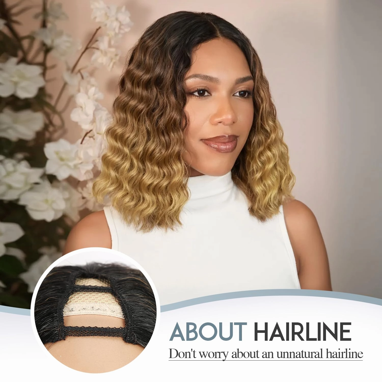 Quantum Love V part Curly Wavy Wigs Short Bob Loose Curly Wig Wear And Go Synthetic Glueless Ombre Brown Blonde Wig 14 Inches