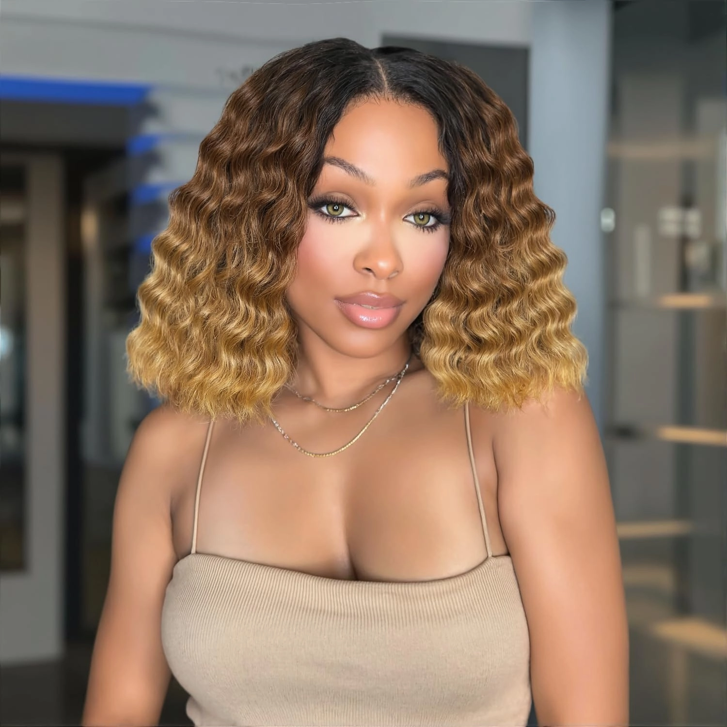 Quantum Love V part Curly Wavy Wigs Short Bob Loose Curly Wig Wear And Go Synthetic Glueless Ombre Brown Blonde Wig 14 Inches