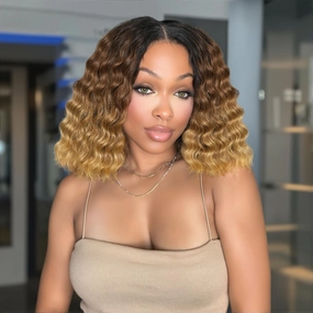 Quantum Love V part Curly Wavy Wigs Short Bob Loose Curly Wig Wear And Go Synthetic Glueless Ombre Brown Blonde Wig 14 Inches