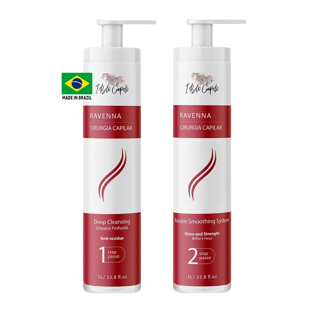 Ravenna Professional Keratin, Long-lasting Straightening Effect - Cirugia Capilar - Celulas Madres Straightener System - 2x1L/33.8