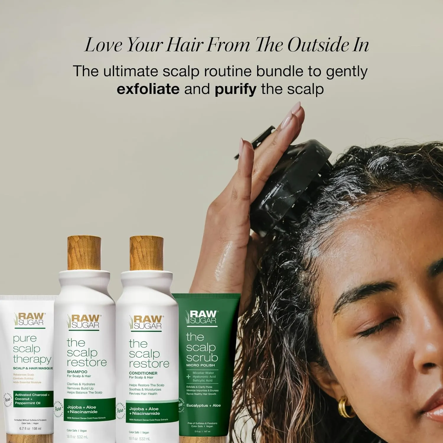 Raw Sugar Dry Scalp Treatment & Hair Care Bundle (5 Products) Intensive Ritual At Home Spa Kit, Shampoo, Conditioner, Scalp Scrub, Hair Mask & Massager, Formulated without Sulfates & Parabens