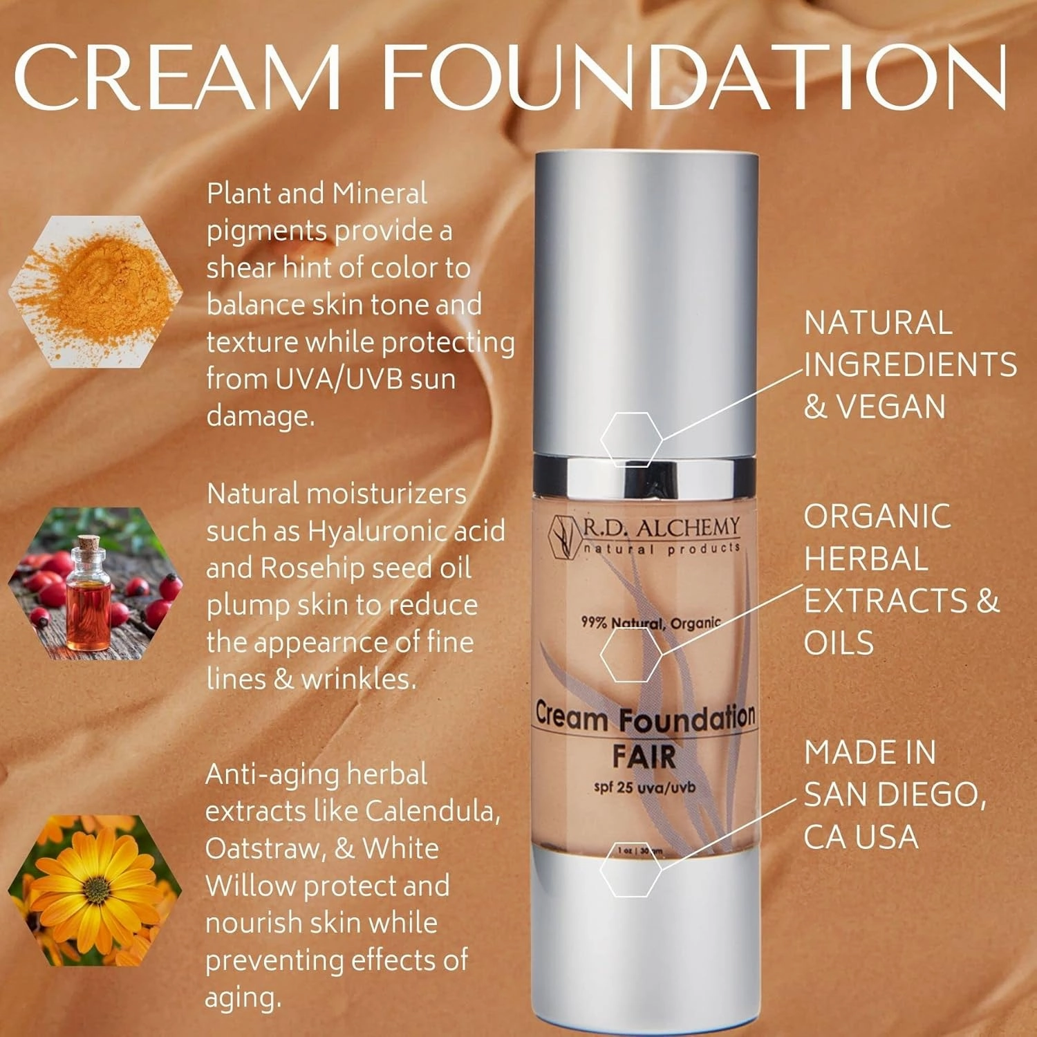 RD Alchemy - 99% Natural & Organic MEDIUM Cream Foundation - Best Lightweight Foundation for Coverage of Blemishes, Sun Spots, Age Spots, or Under Eye Dark Circles. Anti Aging   SPF 25