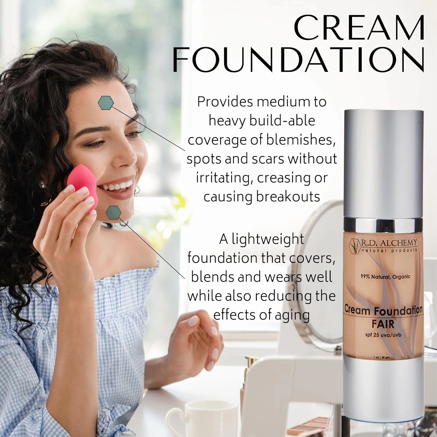 RD Alchemy - 99% Natural & Organic MEDIUM Cream Foundation - Best Lightweight Foundation for Coverage of Blemishes, Sun Spots, Age Spots, or Under Eye Dark Circles. Anti Aging   SPF 25