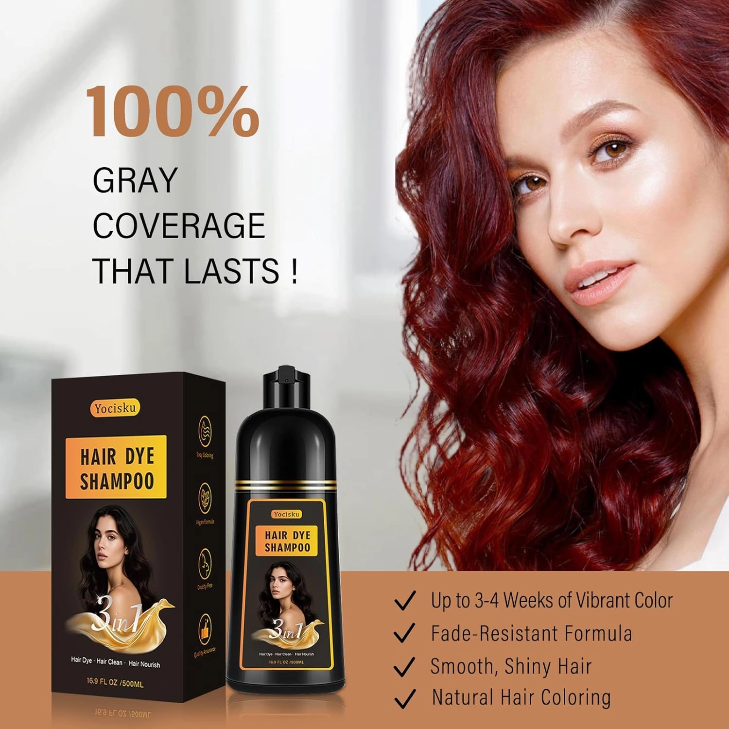 Red Hair Dye Shampoo for Gray Coverage, Instant Hair Color Shampoo, Long Lasting Red Hair Shampoo, Champu Para Canas, Gentle & Fast, Easy to Use, 16.90 Fl Oz