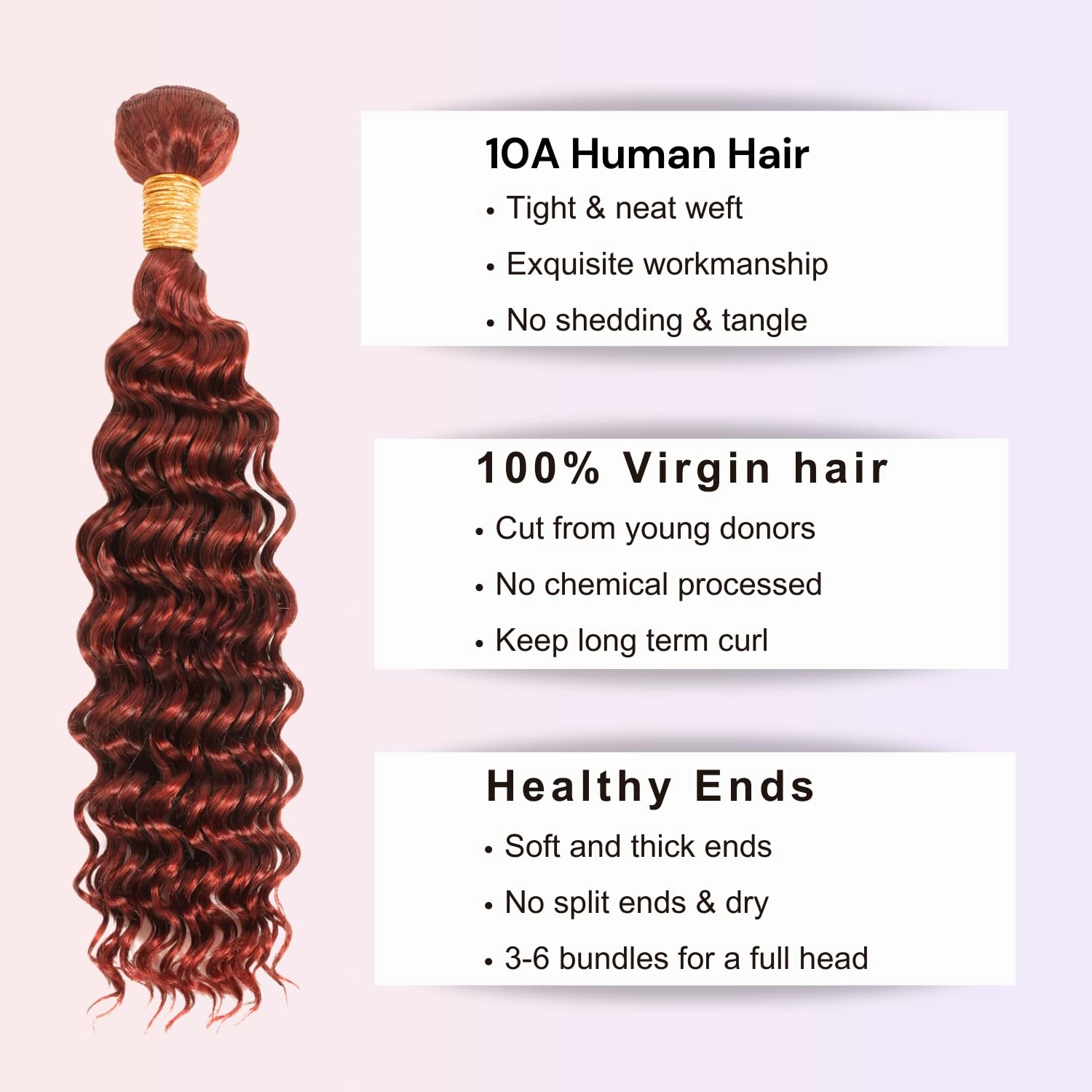 Reddish Brown Curly Human Hair, Thick Track Auburn Copper Red Colored Deep Wave Single Bundles Human Hair 10A Weave Curly Bundles 100% Virgin Remy Sew in 10 inch