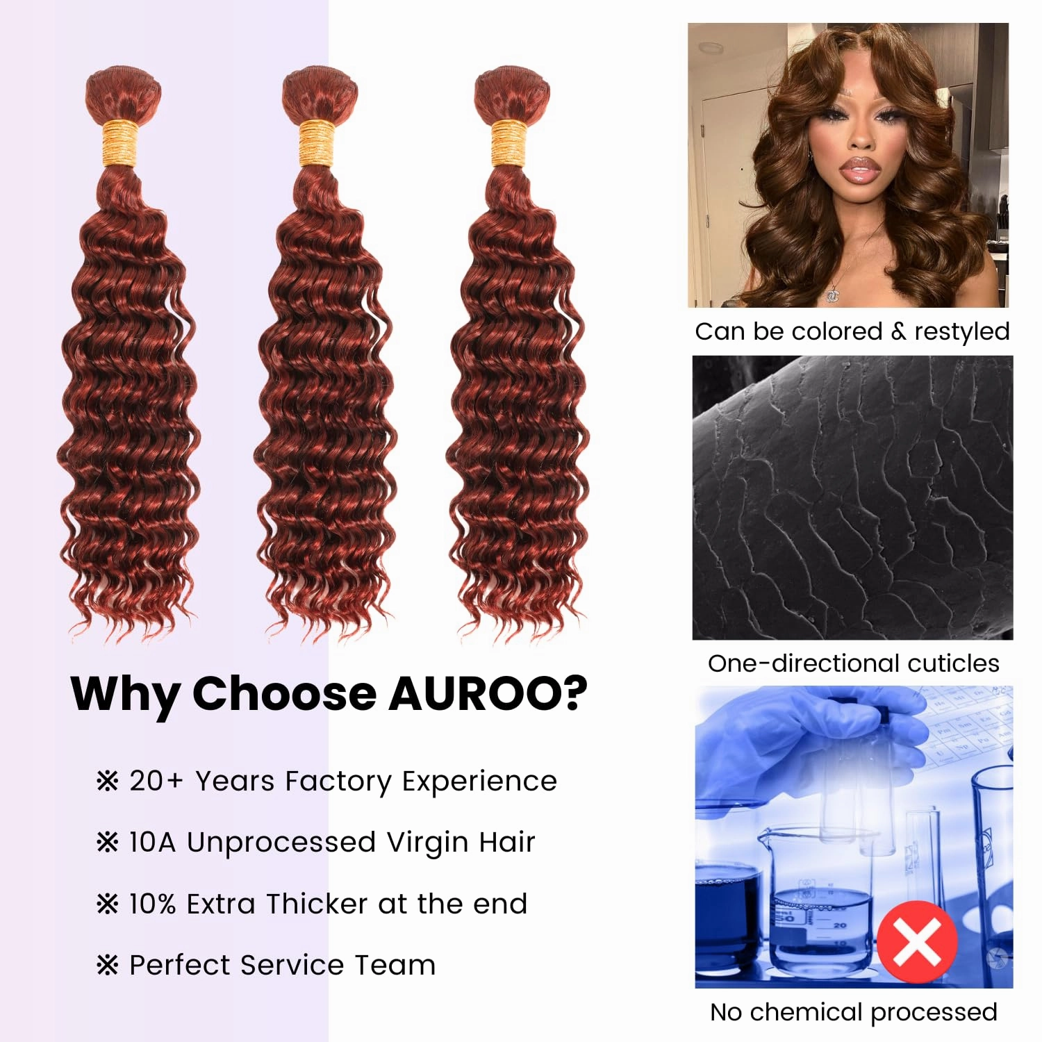 Reddish Brown Curly Human Hair, Thick Track Auburn Copper Red Colored Deep Wave Single Bundles Human Hair 10A Weave Curly Bundles 100% Virgin Remy Sew in 10 inch