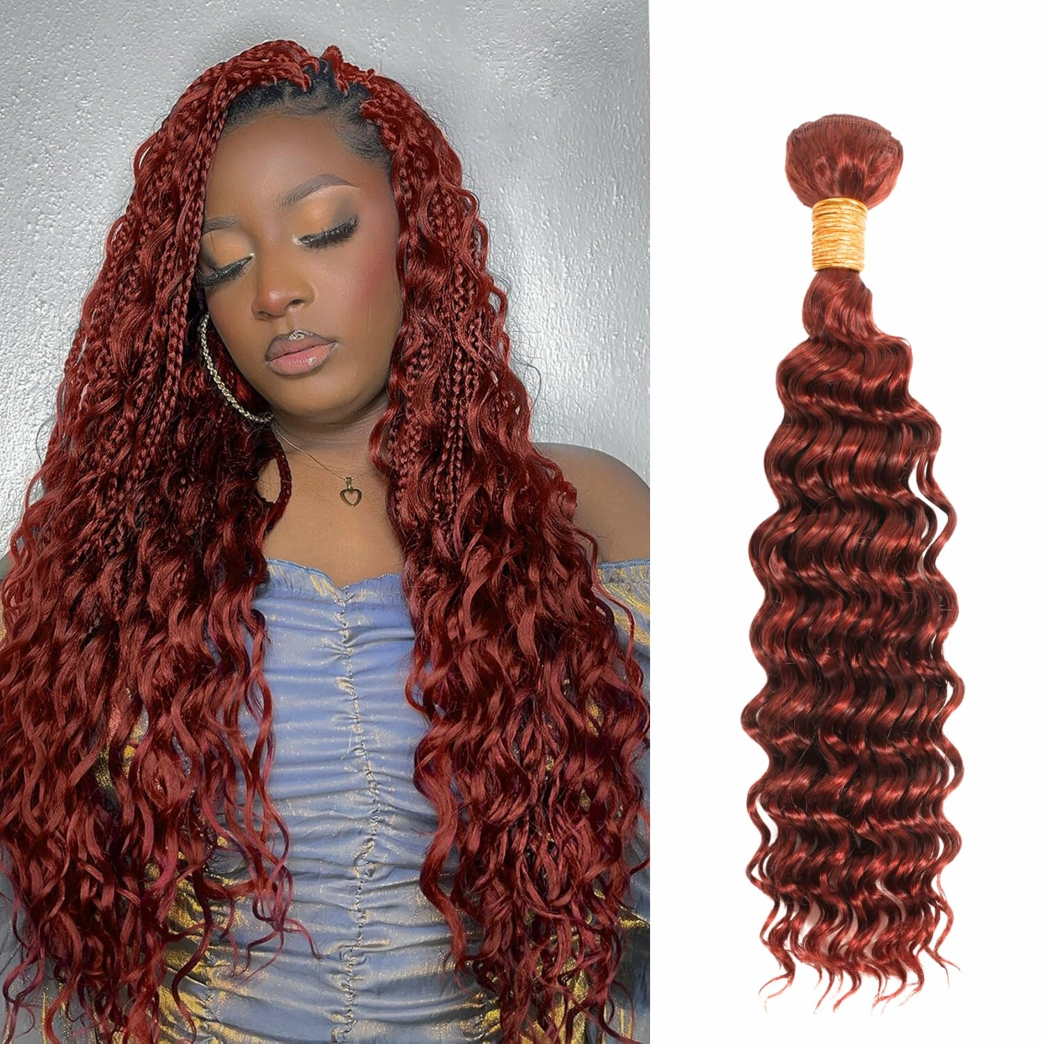 Reddish Brown Curly Human Hair, Thick Track Auburn Copper Red Colored Deep Wave Single Bundles Human Hair 10A Weave Curly Bundles 100% Virgin Remy Sew in 10 inch