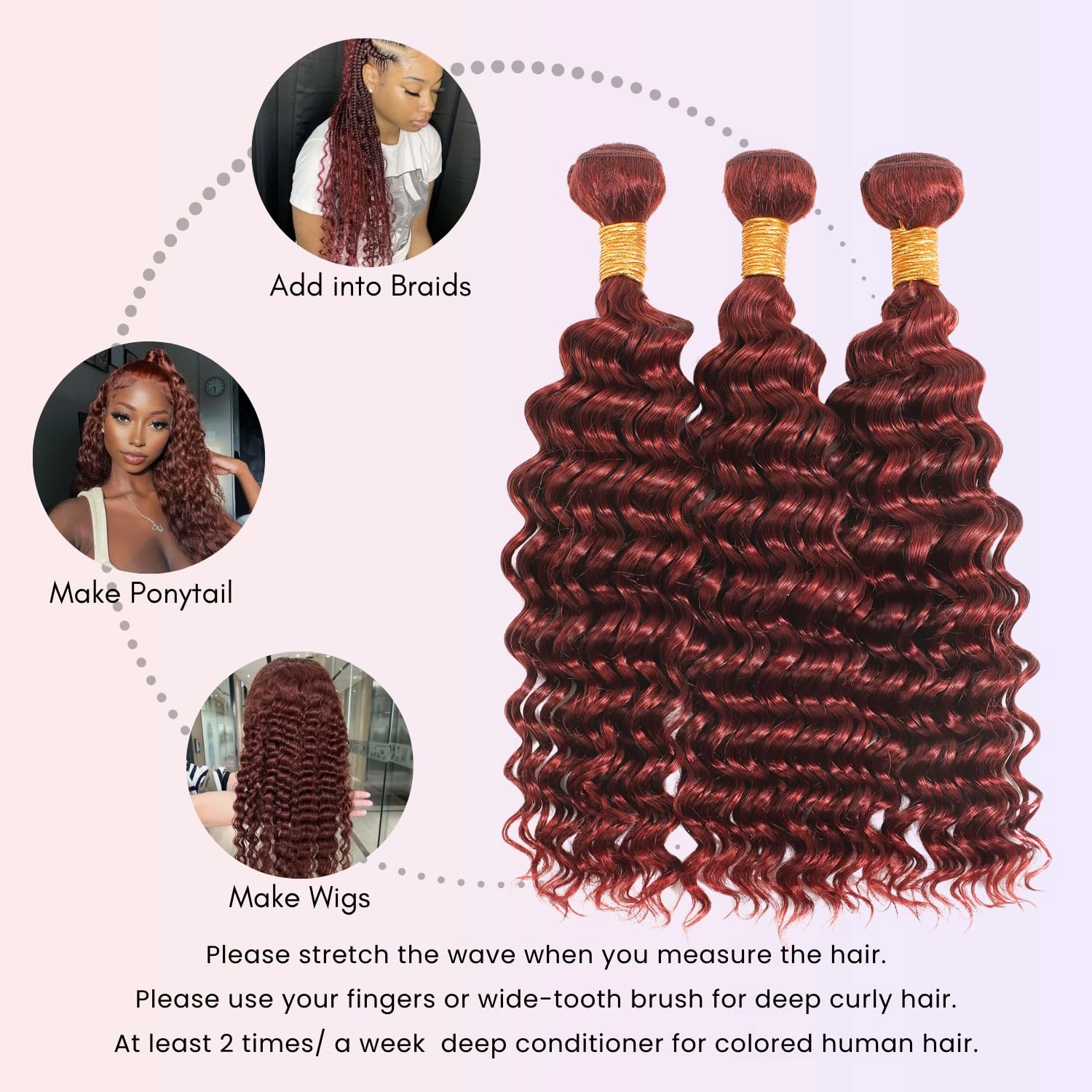 Reddish Brown Curly Human Hair, Thick Track Auburn Copper Red Colored Deep Wave Single Bundles Human Hair 10A Weave Curly Bundles 100% Virgin Remy Sew in 10 inch