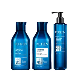 Redken Extreme Shampoo, Conditioner & Anti-Snap Leave-In Treatment Set For Damaged Hair - Repairs and Reduces Breakage, Infused With Proteins