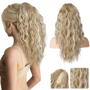 REECHO 18" Ponytail Extension, Clip in Ponytail Extension Pony Tails Soft Wavy Multi Layered Clip in Hair Ponytail Extensions Synthetic Hairpiece for Women - Ash Blonde with Highlights