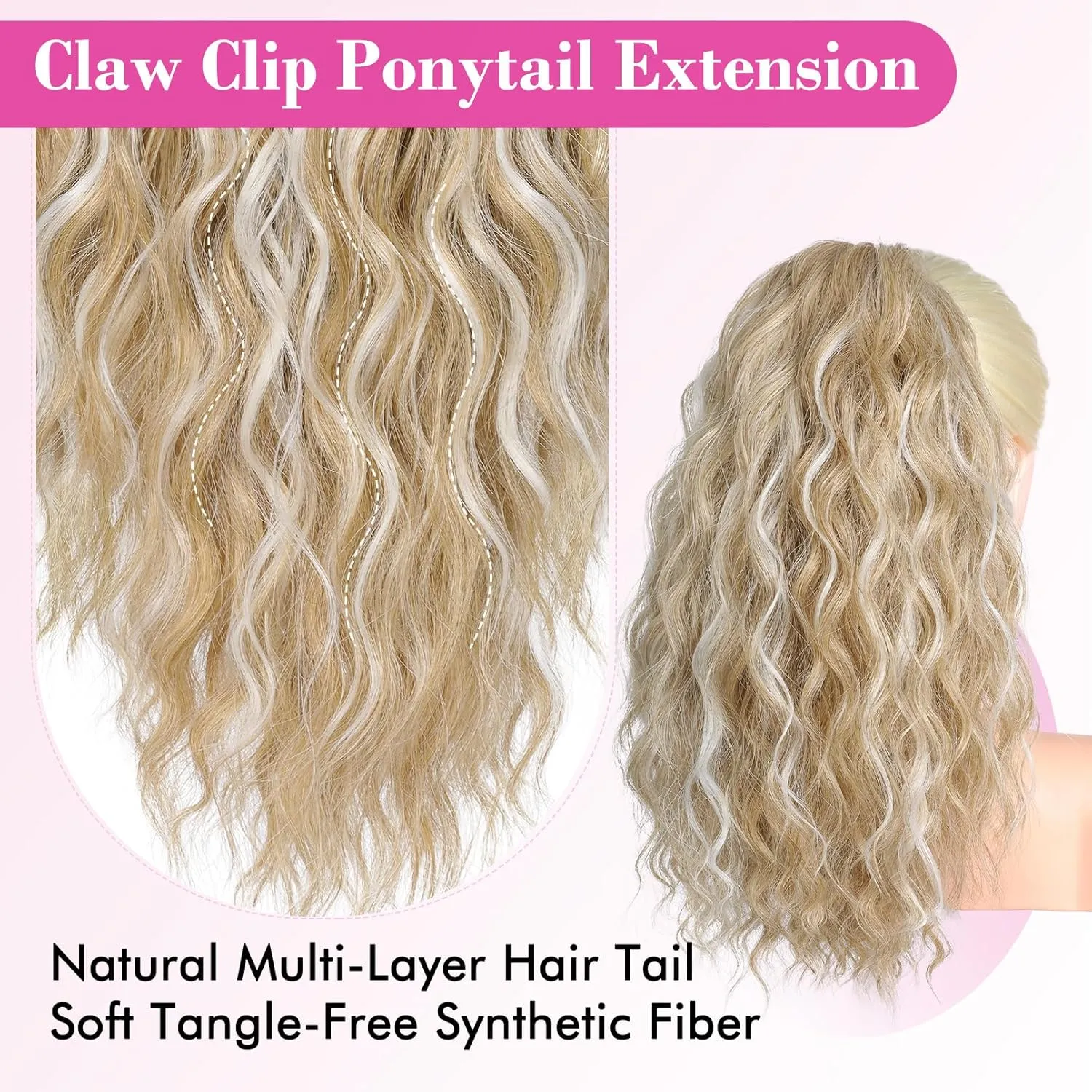REECHO 18" Ponytail Extension, Clip in Ponytail Extension Pony Tails Soft Wavy Multi Layered Clip in Hair Ponytail Extensions Synthetic Hairpiece for Women - Ash Blonde with Highlights