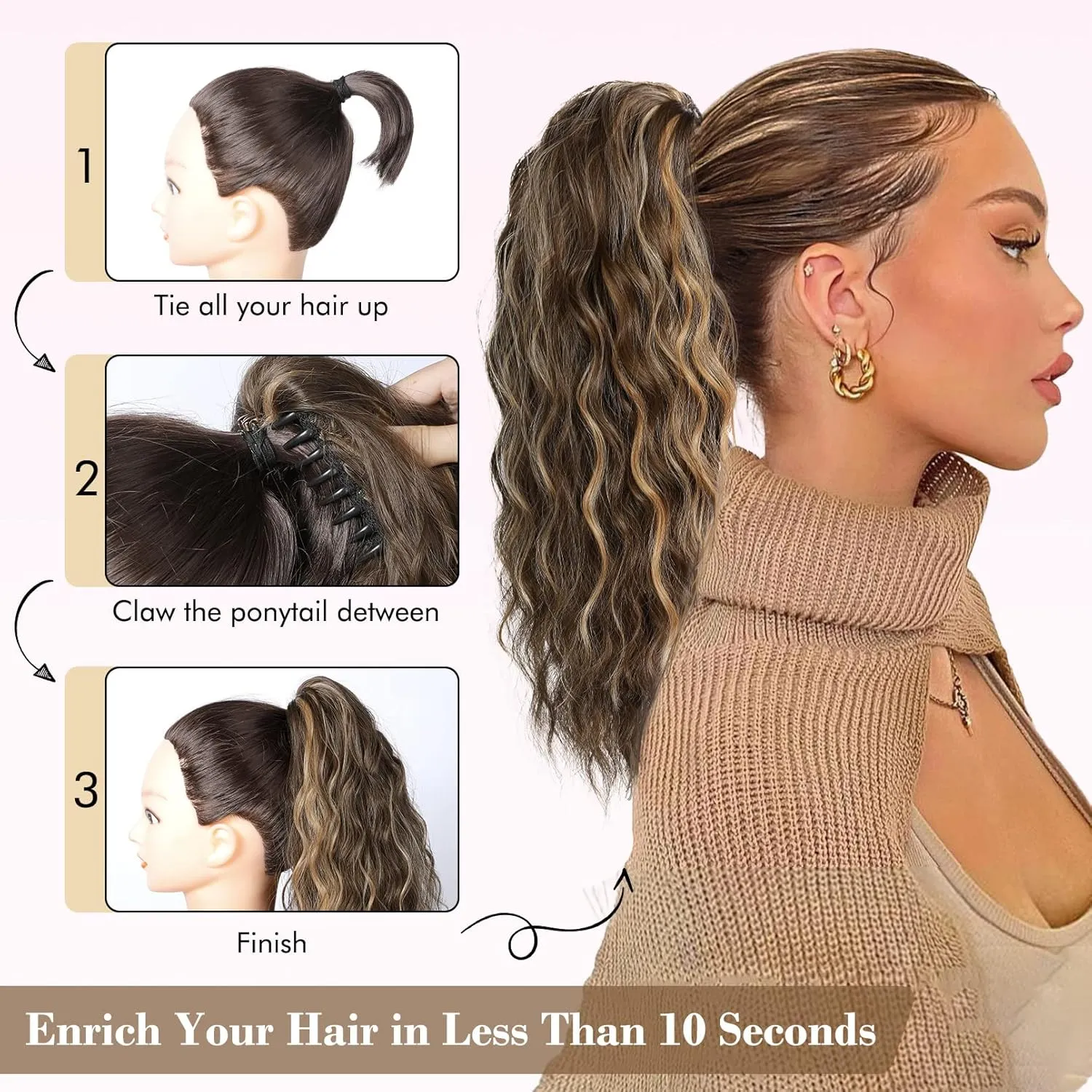 REECHO 18" Ponytail Extension, Clip in Ponytail Extension Pony Tails Soft Wavy Multi Layered Clip in Hair Ponytail Extensions Synthetic Hairpiece for Women - Ash Blonde with Highlights