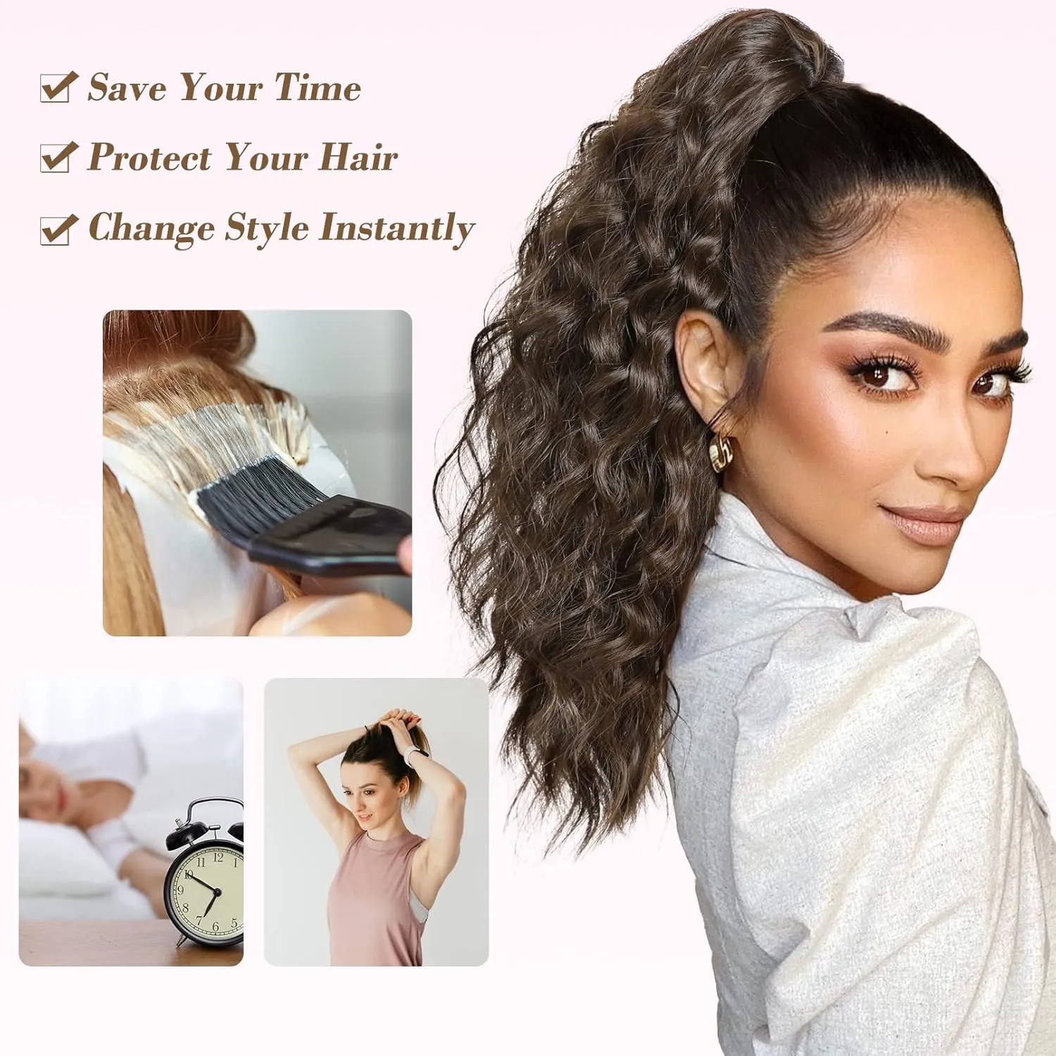 REECHO Ponytail Extension, 18 Inch Claw Clip on Ponytail Extension for Women Long Curly Wavy Ponytail Extensions Synthetic Clip in Ponytail Hairpiece for Daily HP002 - Ash Brown with Blonde Ends
