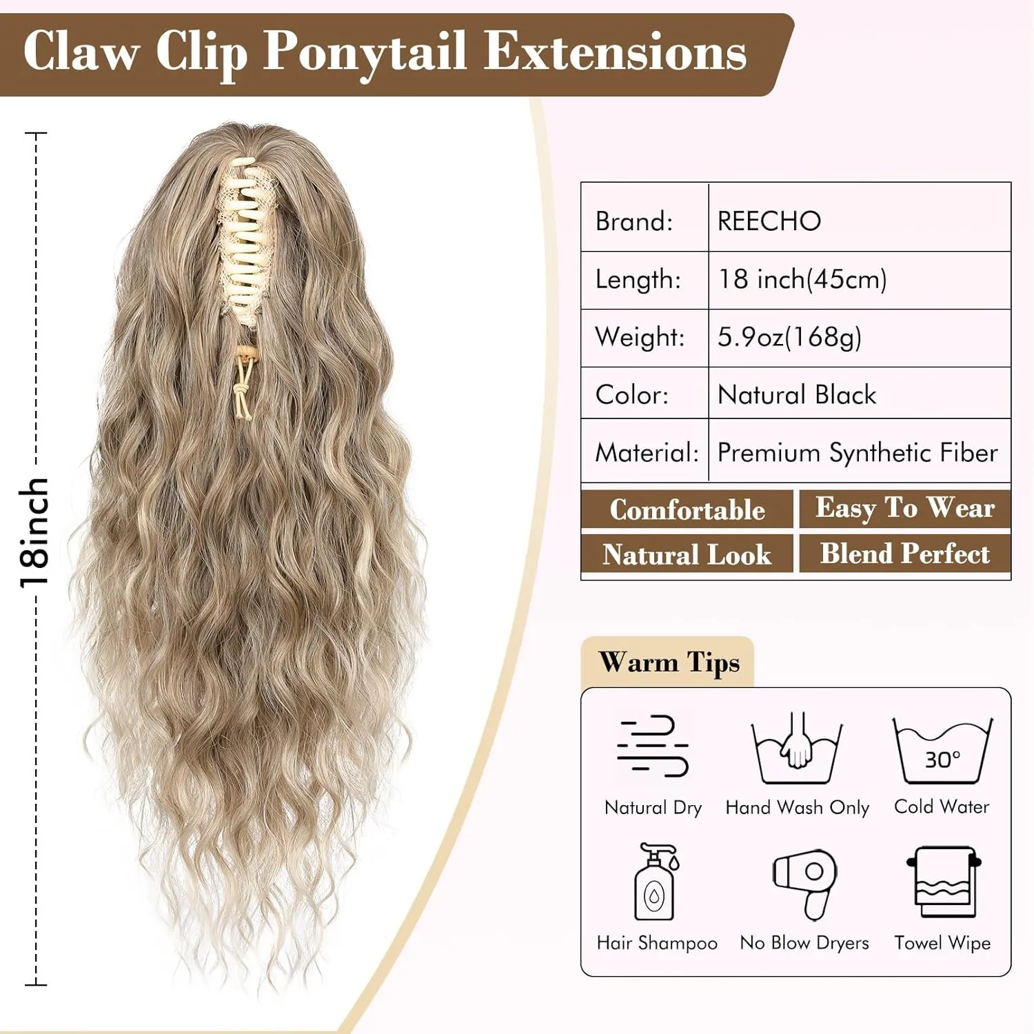 REECHO Ponytail Extension, 18 Inch Claw Clip on Ponytail Extension for Women Long Curly Wavy Ponytail Extensions Synthetic Clip in Ponytail Hairpiece for Daily HP002 - Ash Brown with Blonde Ends