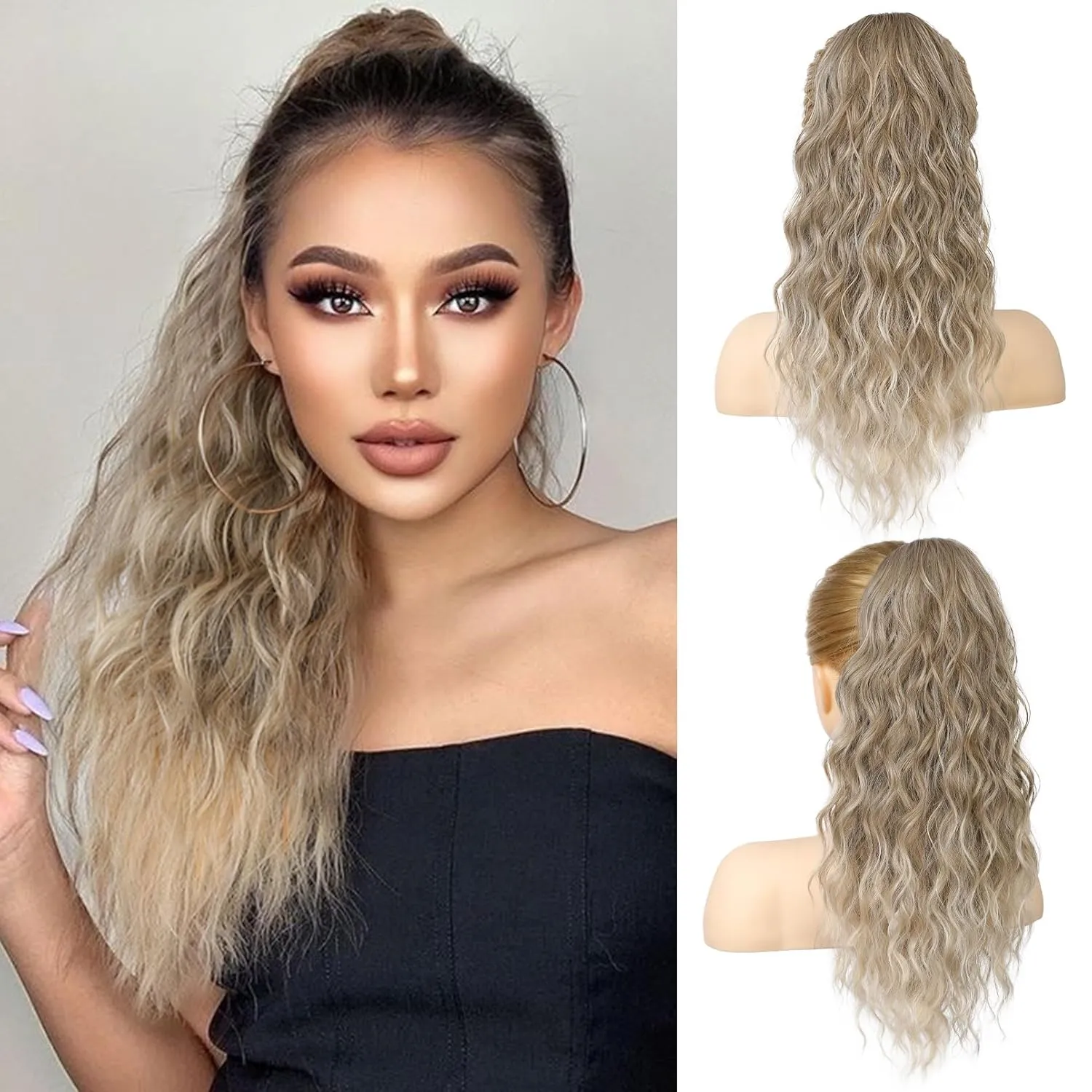 REECHO Ponytail Extension, 18 Inch Claw Clip on Ponytail Extension for Women Long Curly Wavy Ponytail Extensions Synthetic Clip in Ponytail Hairpiece for Daily HP002 - Ash Brown with Blonde Ends