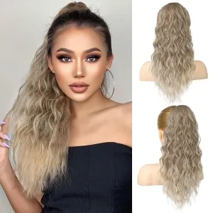 REECHO Ponytail Extension, 18 Inch Claw Clip on Ponytail Extension for Women Long Curly Wavy Ponytail Extensions Synthetic Clip in Ponytail Hairpiece for Daily HP002 - Ash Brown with Blonde Ends