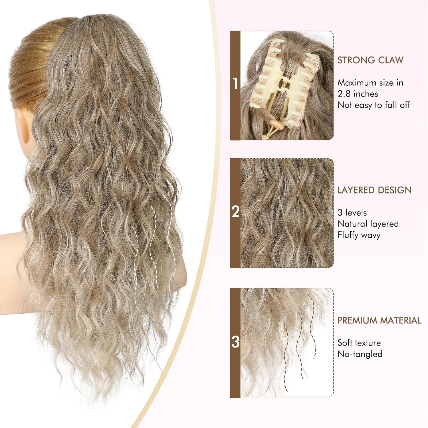 REECHO Ponytail Extension, 18 Inch Claw Clip on Ponytail Extension for Women Long Curly Wavy Ponytail Extensions Synthetic Clip in Ponytail Hairpiece for Daily HP002 - Ash Brown with Blonde Ends