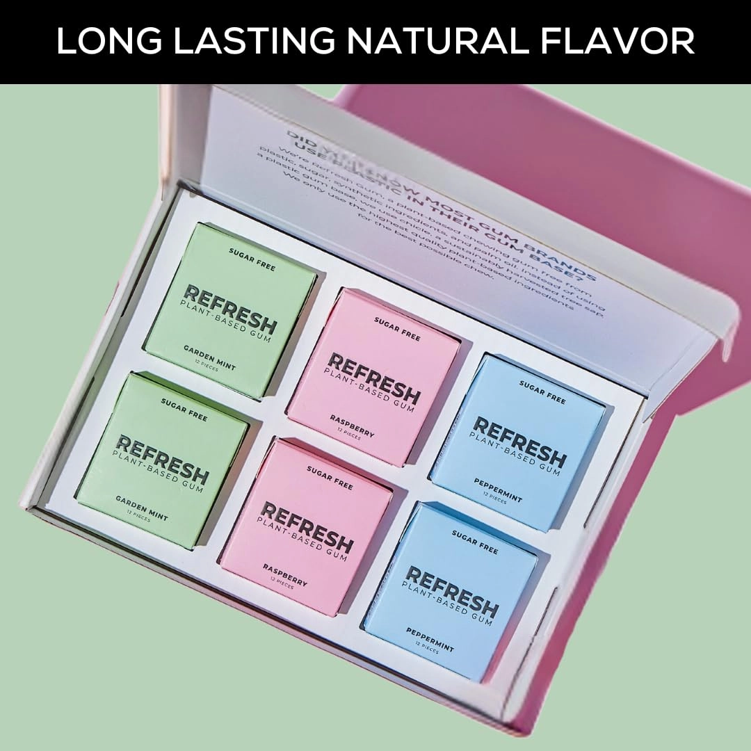Refresh Gum, Sugar Free, Natural, Xylitol, Long Lasting Chewing Gum, Natural Flavors & Organic Ingredients, Plant-Based, Non GMO, Peppermint, Garden Mint & Raspberry Variety Pack, 12 Pcs, 6 Pack