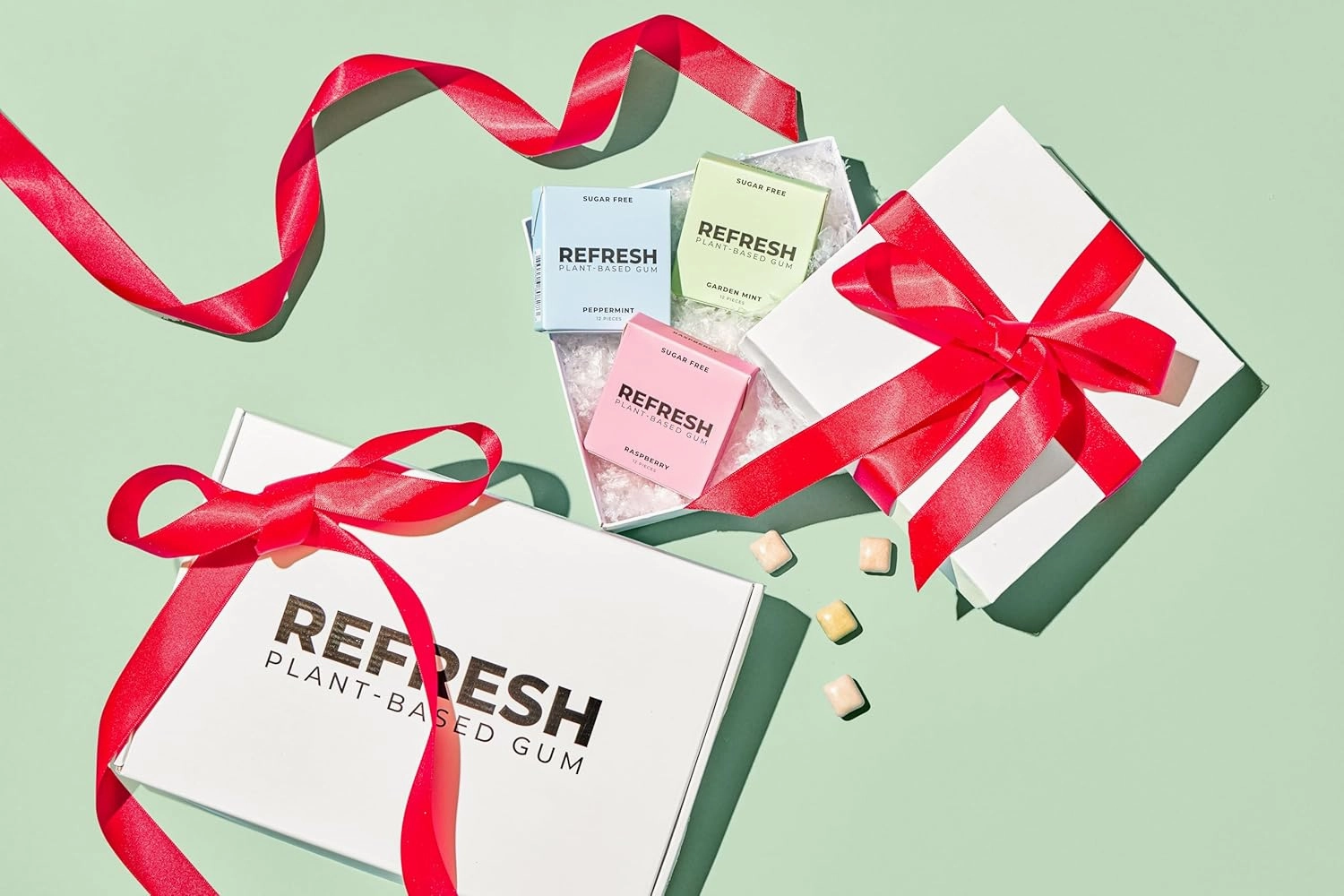 Refresh Gum, Sugar Free, Natural, Xylitol, Long Lasting Chewing Gum, Natural Flavors & Organic Ingredients, Plant-Based, Non GMO, Peppermint, Garden Mint & Raspberry Variety Pack, 12 Pcs, 6 Pack