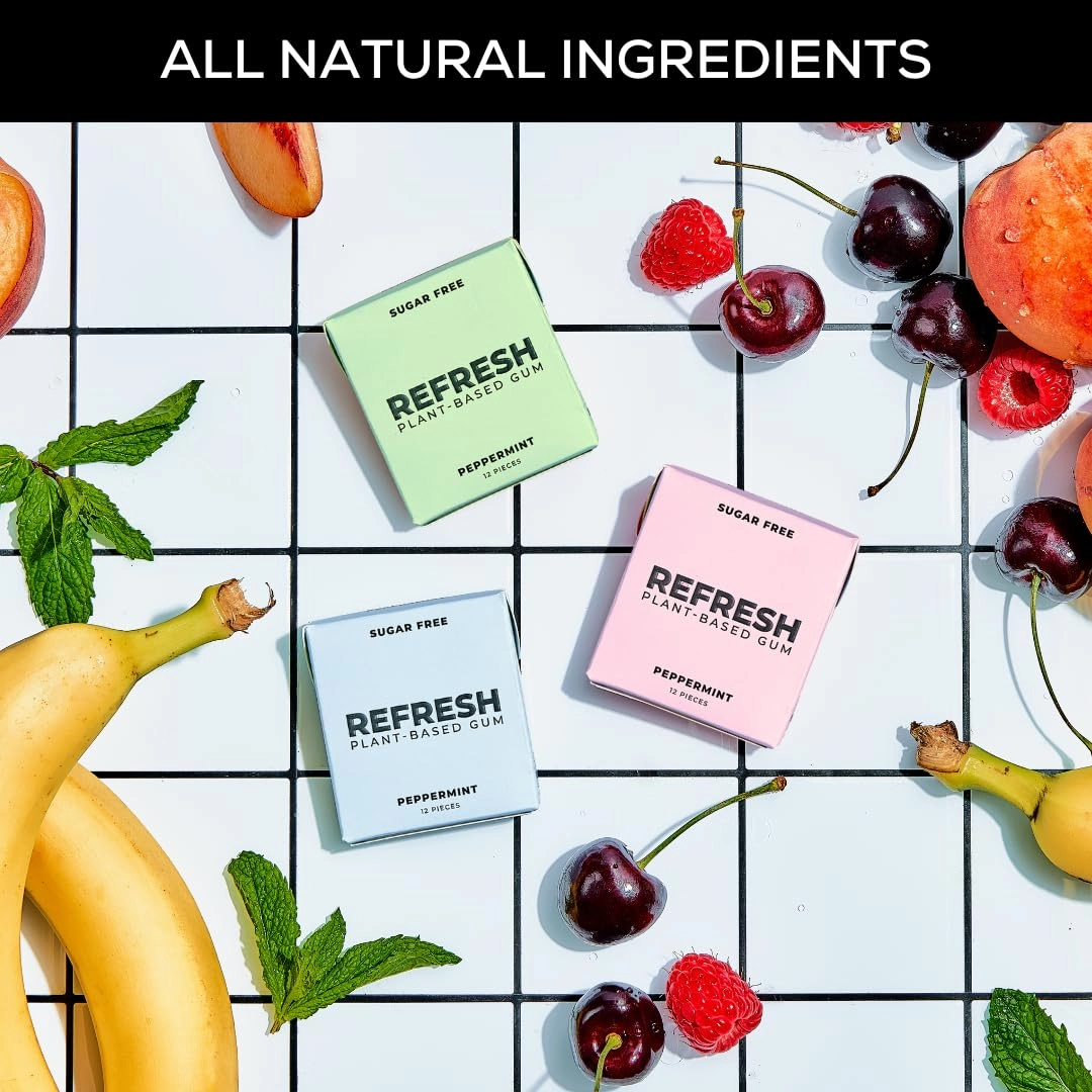 Refresh Gum, Sugar Free, Natural, Xylitol, Long Lasting Chewing Gum, Natural Flavors & Organic Ingredients, Plant-Based, Non GMO, Peppermint, Garden Mint & Raspberry Variety Pack, 12 Pcs, 6 Pack