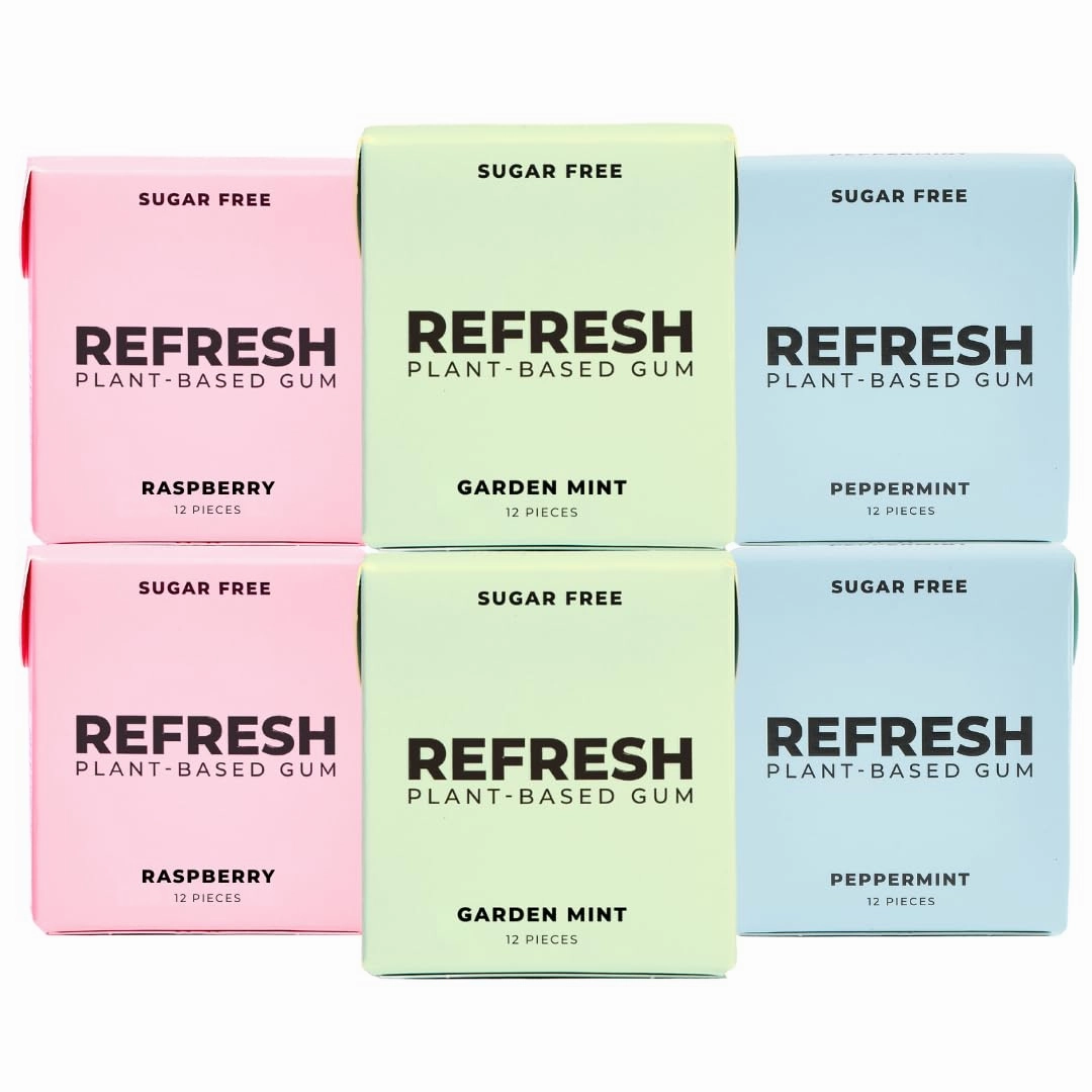 Refresh Gum, Sugar Free, Natural, Xylitol, Long Lasting Chewing Gum, Natural Flavors & Organic Ingredients, Plant-Based, Non GMO, Peppermint, Garden Mint & Raspberry Variety Pack, 12 Pcs, 6 Pack