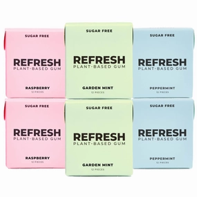 Refresh Gum, Sugar Free, Natural, Xylitol, Long Lasting Chewing Gum, Natural Flavors & Organic Ingredients, Plant-Based, Non GMO, Peppermint, Garden Mint & Raspberry Variety Pack, 12 Pcs, 6 Pack