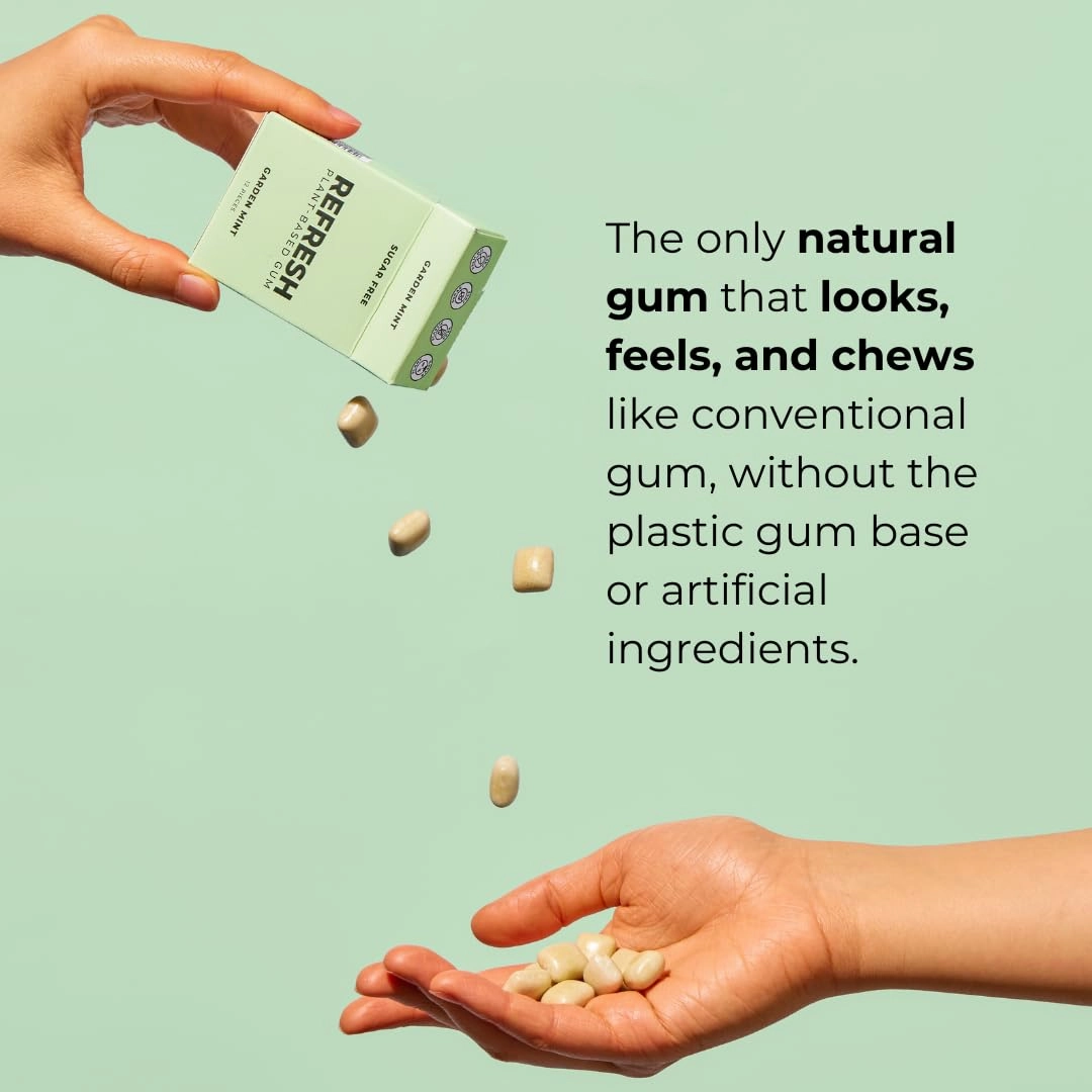 Refresh Gum, Sugar Free, Natural, Xylitol, Long Lasting Chewing Gum, Natural Flavors & Organic Ingredients, Plant-Based, Non GMO, Peppermint, Garden Mint & Raspberry Variety Pack, 12 Pcs, 6 Pack