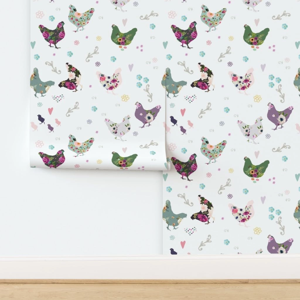 Removable Wallpaper 9ft x 2ft - Patchwork Pink Floral Flowers Country Hen Chicken Shabby Chic Custom Pre-Pasted Wallpaper by Spoonflower