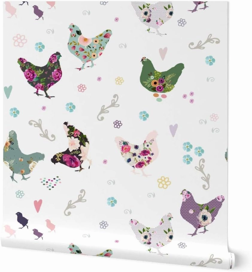 Removable Wallpaper 9ft x 2ft - Patchwork Pink Floral Flowers Country Hen Chicken Shabby Chic Custom Pre-Pasted Wallpaper by Spoonflower