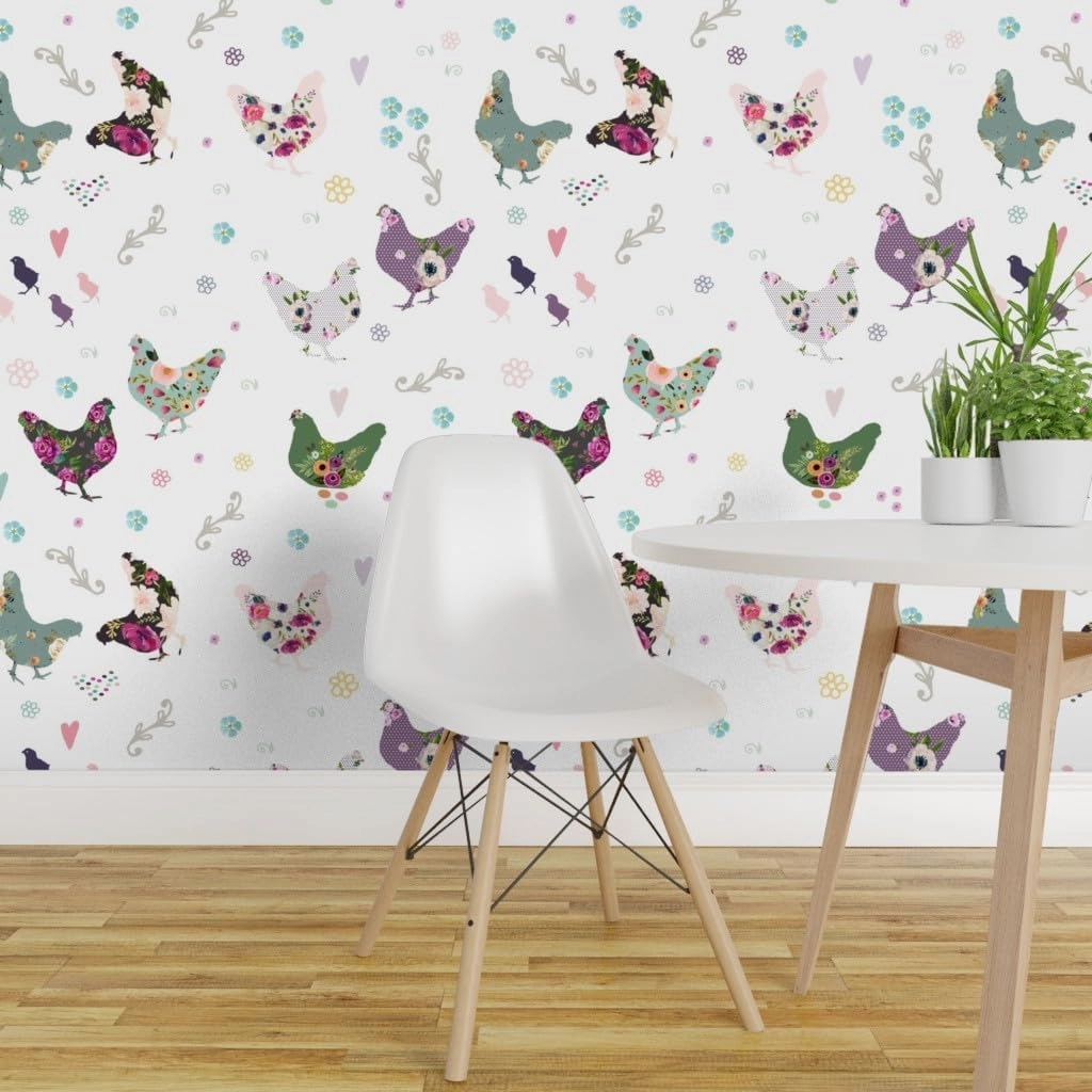 Removable Wallpaper 9ft x 2ft - Patchwork Pink Floral Flowers Country Hen Chicken Shabby Chic Custom Pre-Pasted Wallpaper by Spoonflower