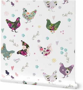 Removable Wallpaper 9ft x 2ft - Patchwork Pink Floral Flowers Country Hen Chicken Shabby Chic Custom Pre-Pasted Wallpaper by Spoonflower
